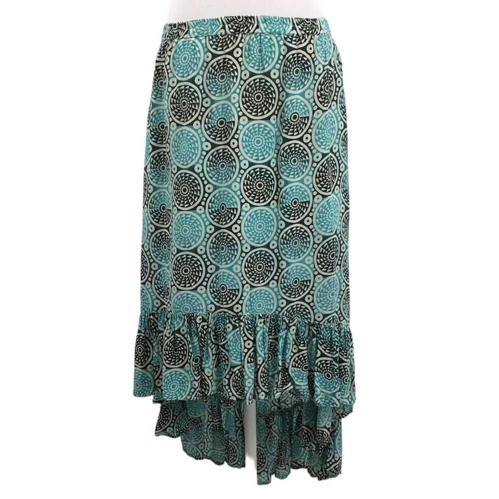 Tolani Skirt Womens XXSP Blue Cream Batik 100%‎ Silk Ruffle Hi Low Pull On